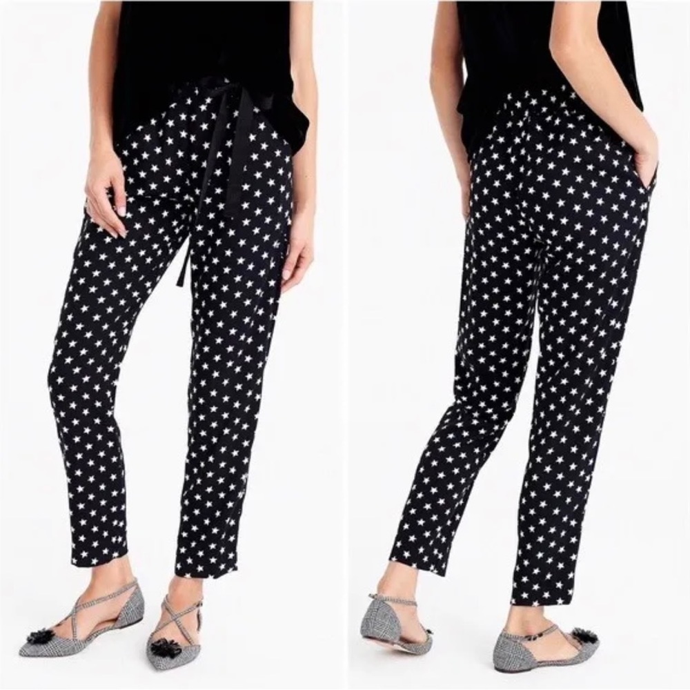 J Crew Star Print Black Crepe Pull On Tie Waist Cropped Jogger Pants Trousers